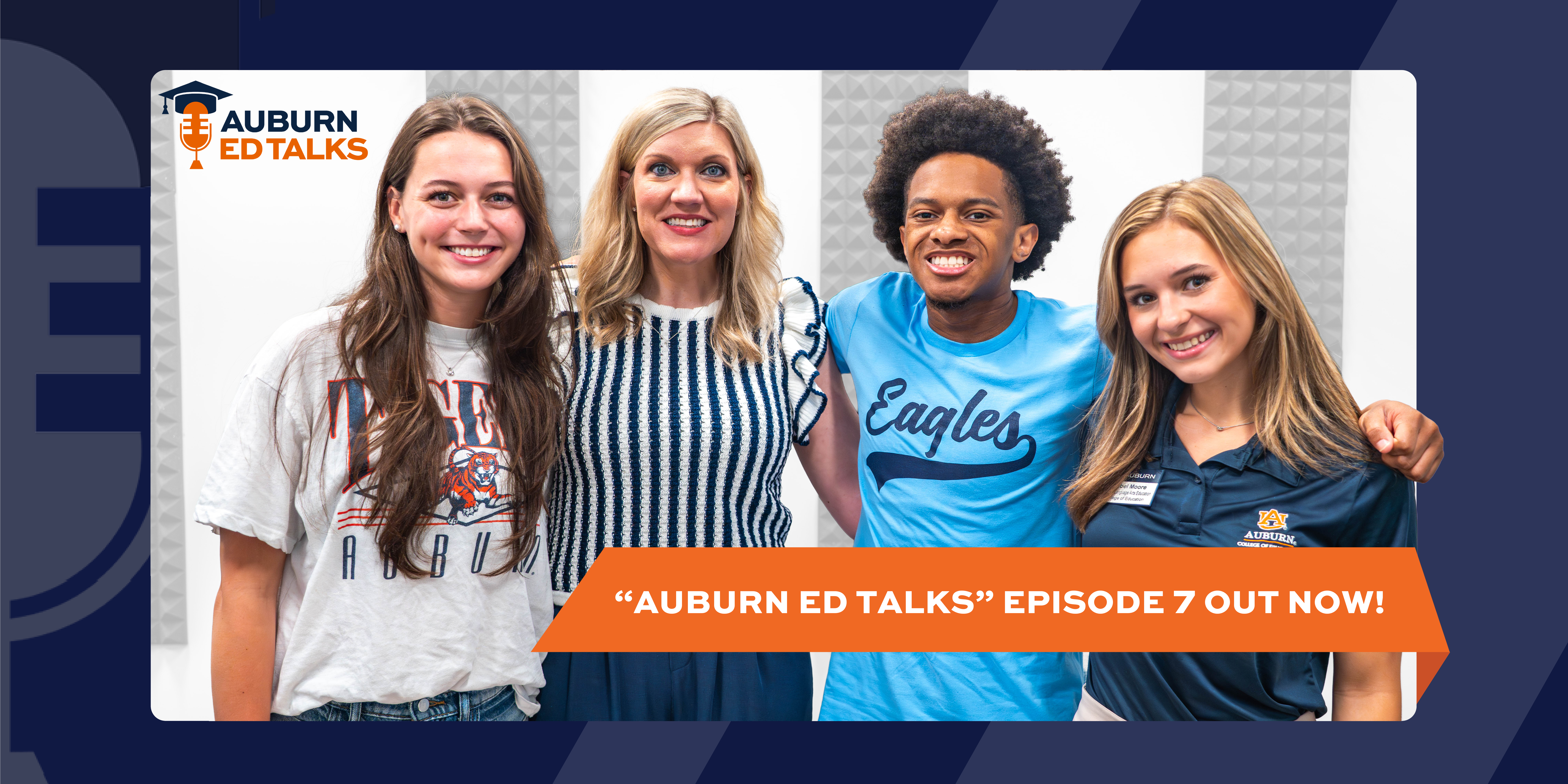 Auburn Ed Talks Episode seven graphic showing Betty Patten, JJ Johnson, Audrey Cordier and the host student. 
