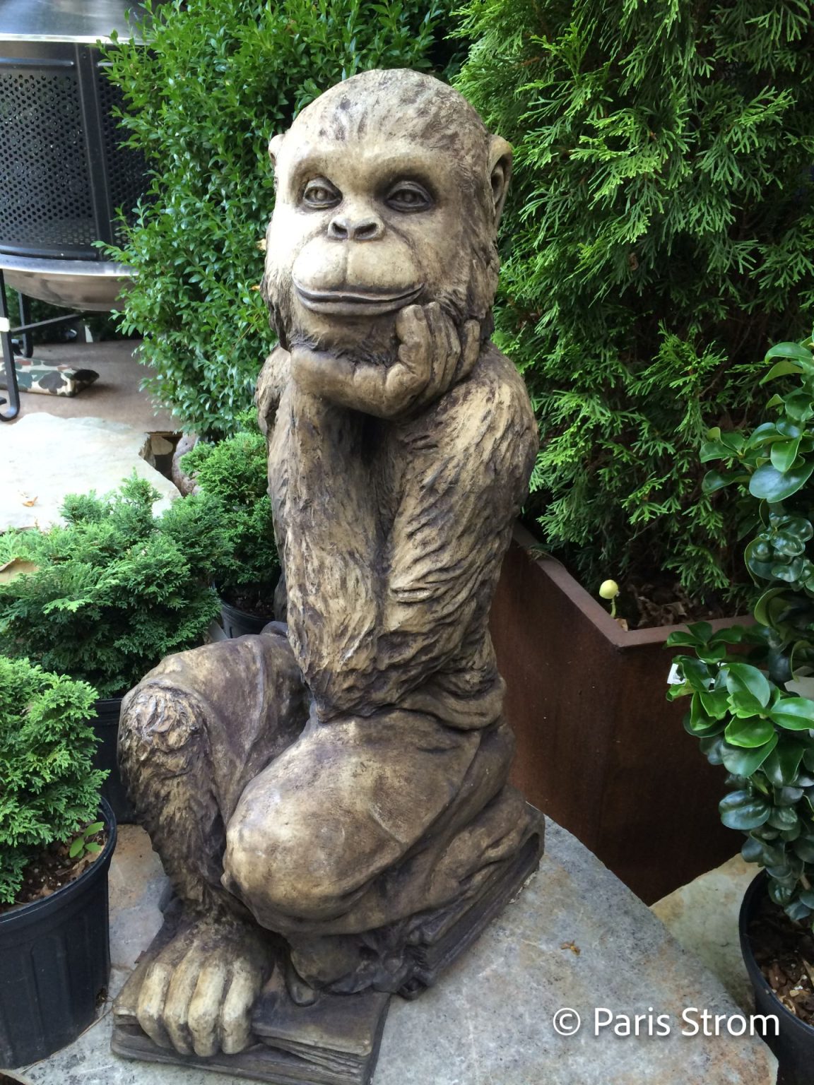A large bronze statue of an ape sitting down.