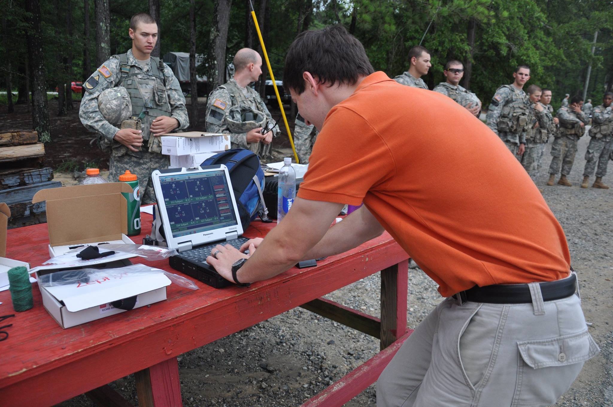 A member of the Warrior Research Center works on a computer while military members look on during a research study.