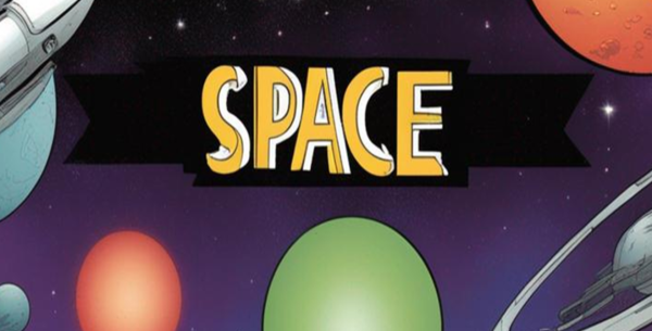 the word space surrounding by black sky and stars and planets