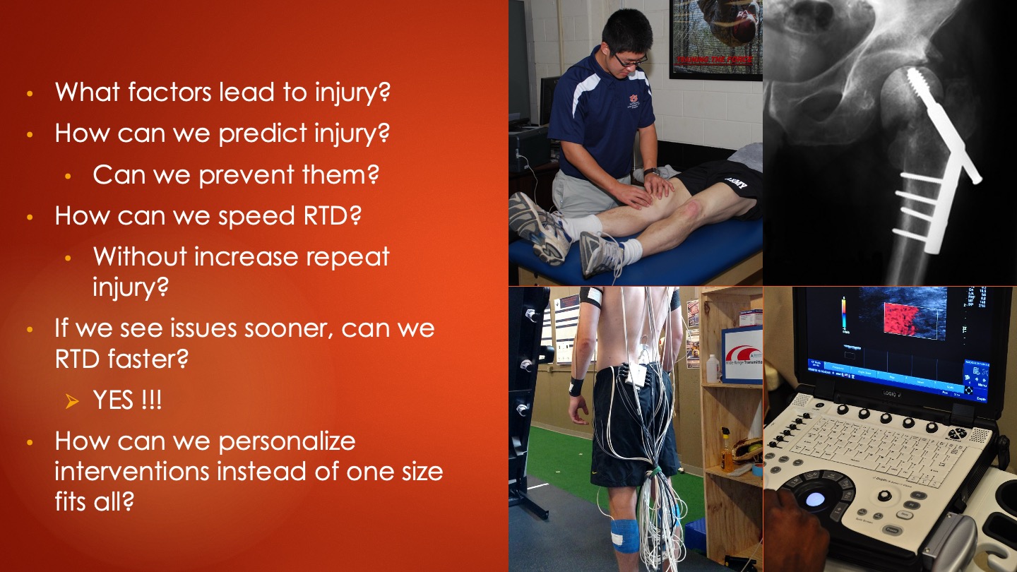 What factors lead to injury? How can we predict injury? Can we prevent them? How can we speed RTD? Without increase repeat injury? If we see issues sooner, can we RTD faster? YES!!! How can we personalize interventions instead of one size fits all?